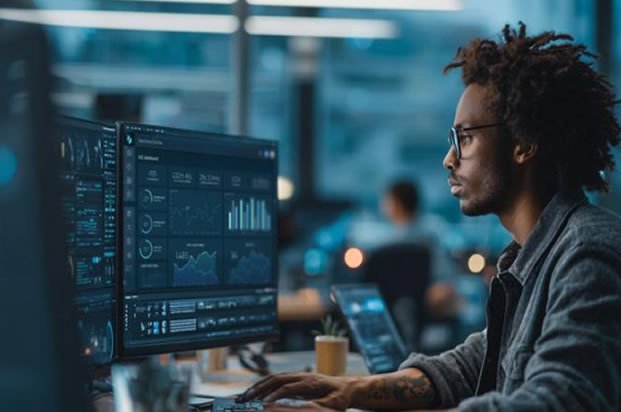 a person looking at stats in computer monitor