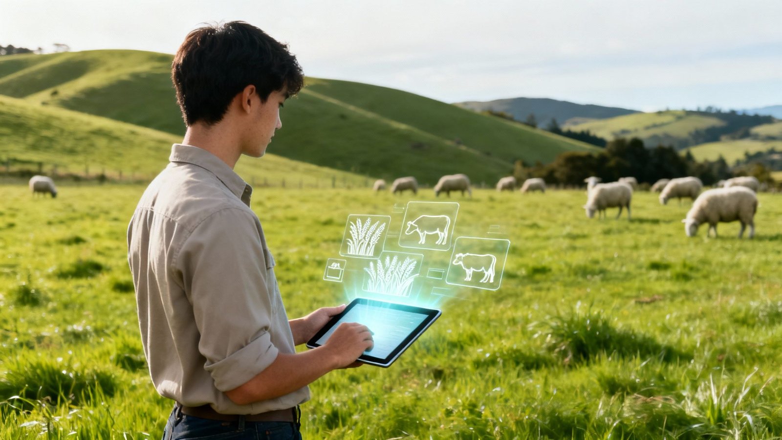 a farmer holding a tablet